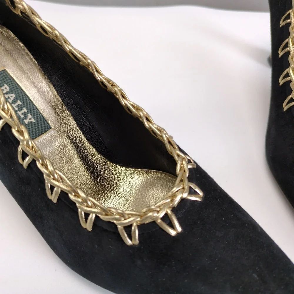Vintage Bally Chiffon Black Suede Pumps Womens 8 Gold Trim 3